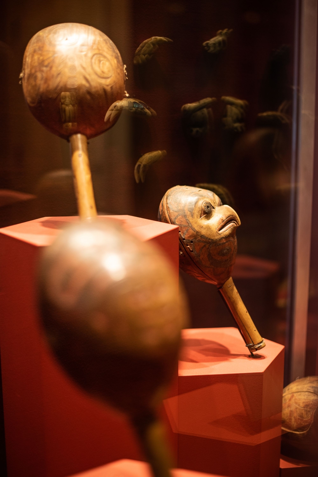 Carved wooden masks in an exhibit at the Nisga'a Museum in Laxgalts'ap.